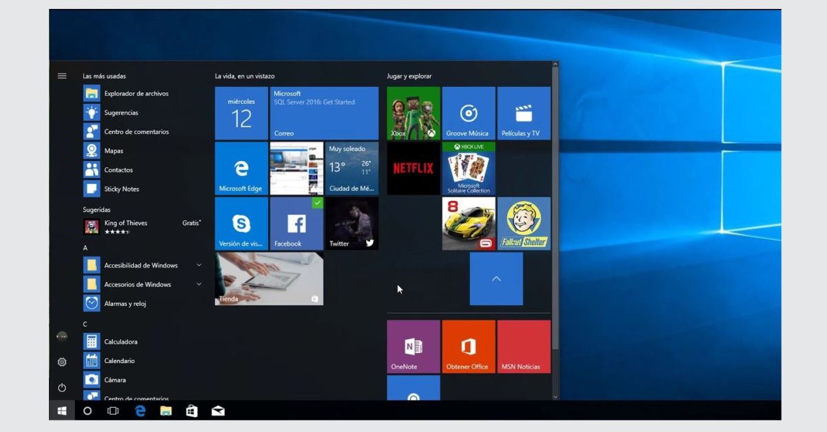 El menu inicio de Windows 10
